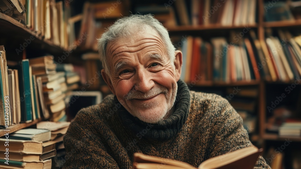 A senior man with a warm smile, looking at the camera while holding an open book in a library. A senior man with a warm smile, looking at the camera while holding an open book in a library.