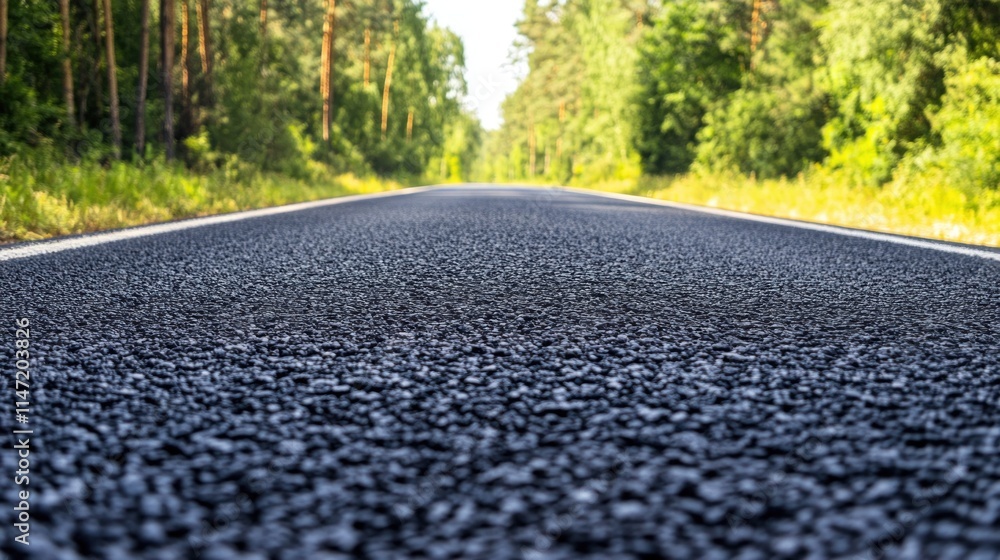 A low angle view of a paved road through a lush green forest. A low angle view of a paved road through a lush green forest.