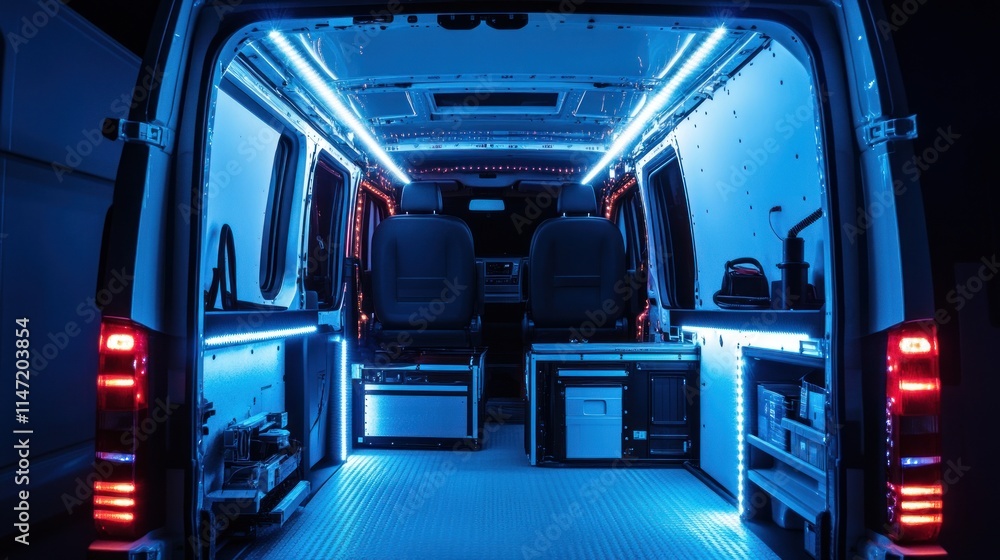 The interior of a white van is illuminated with blue LED lights, showing a rear compartment fitted out for a mobile workspace with two seats and a built-in desk. The interior of a white van is illuminated with blue LED lights, showing a rear compartment fitted out for a mobile workspace with two seats and a built-in desk.