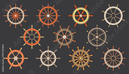 Wooden vintage steering wheels. Ship, sailboat or yacht retro wheel symbol. Colorful nautical rudder icon. Marine logotype design element. Vector illustration