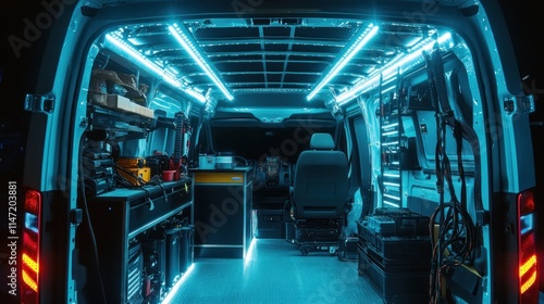 The interior of a work van is lit up with blue LED lights, revealing a fully equipped workspace with tools and equipment, ready for a job. photo