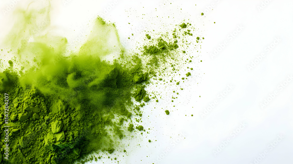 A close-up shows bright green powder exploding from the bottom left on a white background. The image is one of the displayed images on the web page A close-up shows bright green powder exploding from the bottom left on a white background. The image is one of the displayed images on the web page