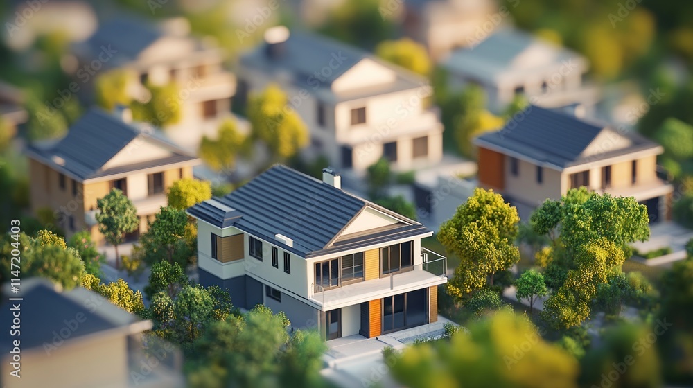 A miniature model of a suburban neighborhood with houses, trees, and greenery. A miniature model of a suburban neighborhood with houses, trees, and greenery.