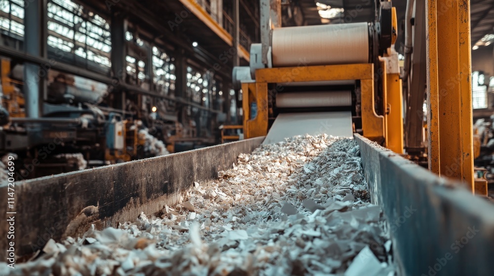 Paper recycling machine in a factory with shredded paper on a conveyor belt. Paper recycling machine in a factory with shredded paper on a conveyor belt.