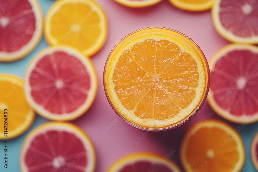 A refreshing drink topped with an orange slice, surrounded by vibrant citrus fruit halves. A refreshing drink topped with an orange slice, surrounded by vibrant citrus fruit halves.