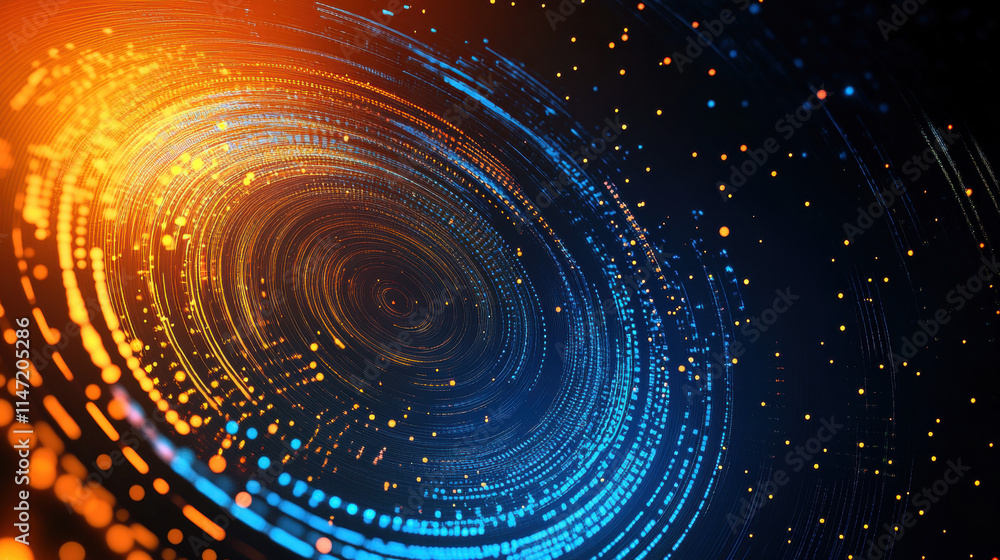 Abstract background with blue and orange light lines, circles, and dots. Technology concept for digital data transfer or internet connection Abstract background with blue and orange light lines, circles, and dots. Technology concept for digital data transfer or internet connection