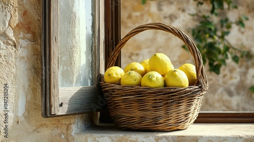 Wallpaper Mural Wicker basket with ripe lemons outside on the windowsill of an old Spanish house Torontodigital.ca