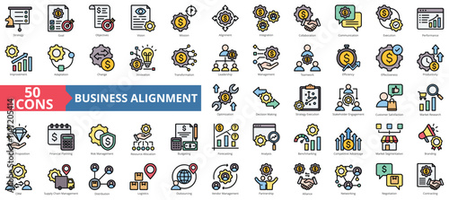 Business alignment icon collection set. Containing strategy, goal, objectives, mission, alignment, integration, collaboration icon. Simple flat outline vector illustration