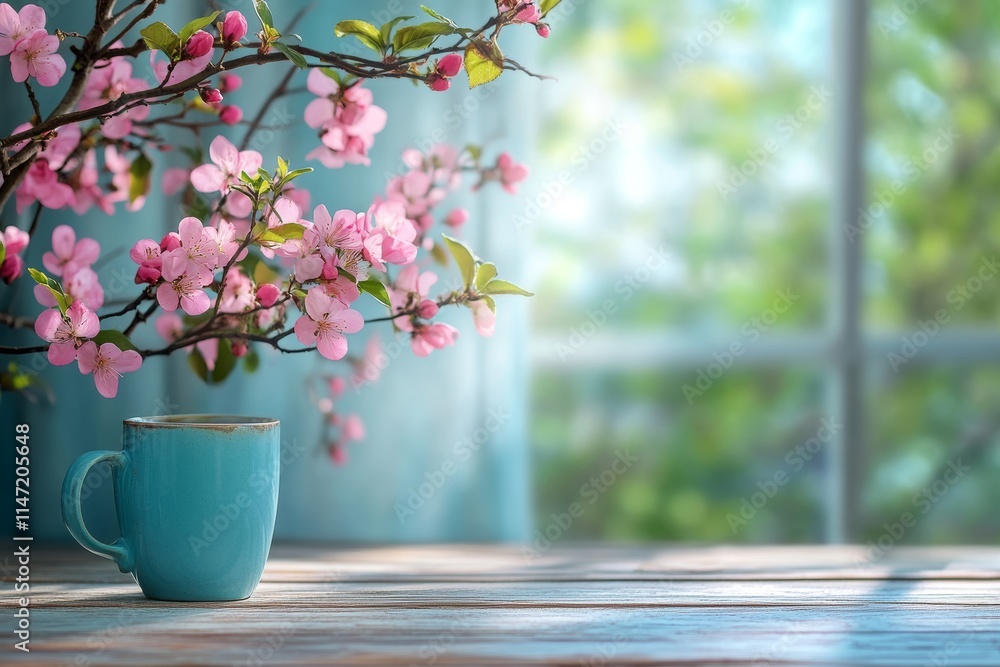 A serene scene featuring a blue mug and pink blossoms against a blurred background. A serene scene featuring a blue mug and pink blossoms against a blurred background.