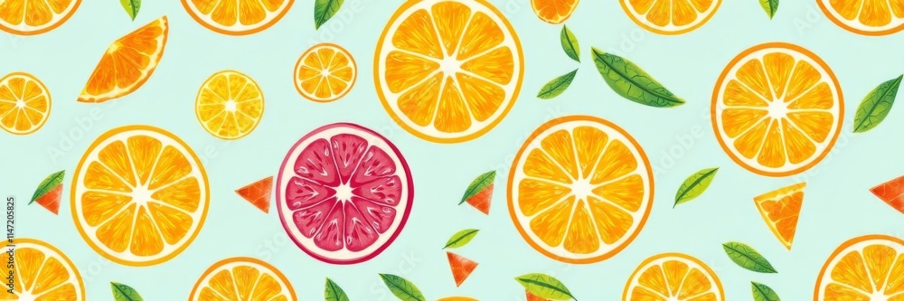 Fototapeta premium Repetitive background of vibrant red blood orange fruit slices, summer, backdrop, design