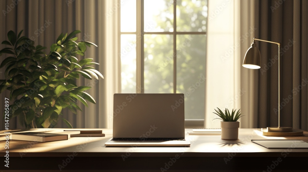 Minimalist home office desk with laptop, lamp, and potted plants. Minimalist home office desk with laptop, lamp, and potted plants.