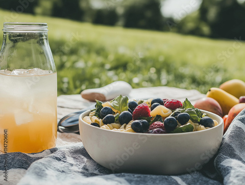 Entspanntes Picknick mit Pasta, Wein und frischen Früchten im Freien

 photo