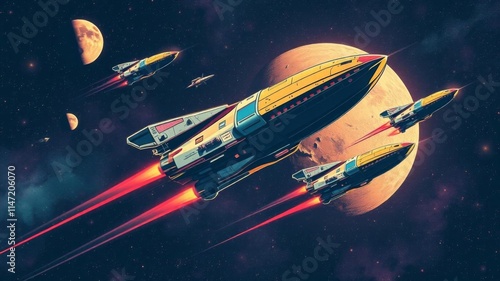 Fototapeta Naklejka Na Ścianę i Meble -  retro futuristic space wallpaper with colorful abstract galaxy illustration featuring planets, spaceships flying through the galaxy, futuristic, illustration, vintage