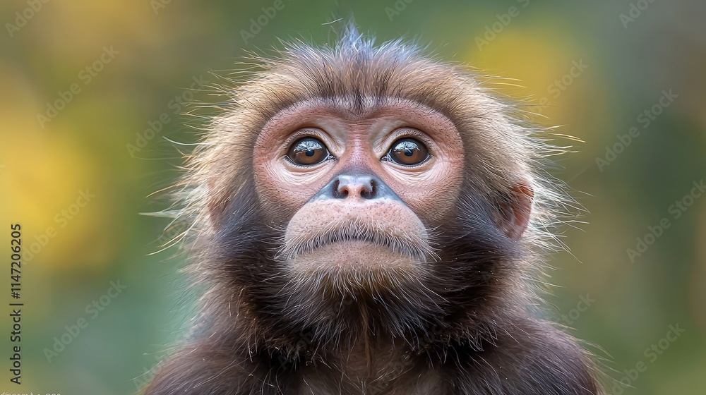 Obraz premium Close-up portrait of a young gibbon looking directly at the camera with a soft blurred forest background.