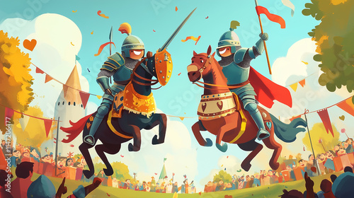 Whimsical Illustration of a Jousting Tournament Between Knights in Children's Book Style