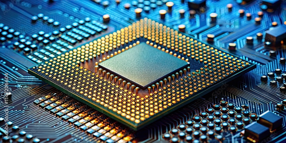 Close-up of a processor chip with intricate circuitry, microchip, processor Close-up of a processor chip with intricate circuitry, microchip, processor