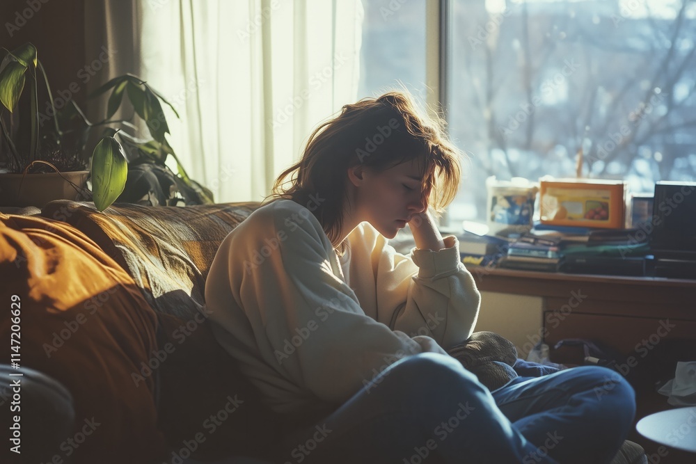 Sad young woman sitting on sofa with head in hand at home Sad young woman sitting on sofa with head in hand at home