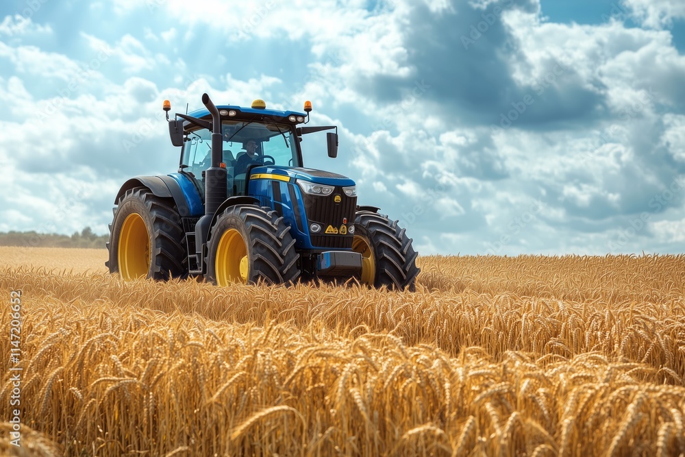 Blue tractor riding on wheat field under cloudy sky Blue tractor riding on wheat field under cloudy sky