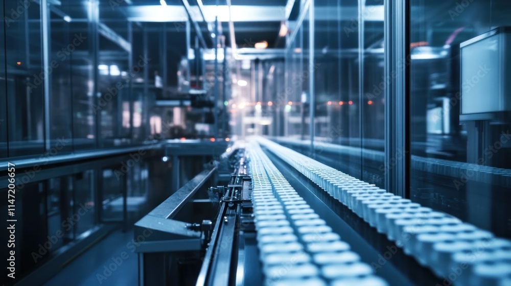 A close-up view of a conveyor belt carrying white pills in a sterile pharmaceutical manufacturing plant. A close-up view of a conveyor belt carrying white pills in a sterile pharmaceutical manufacturing plant.