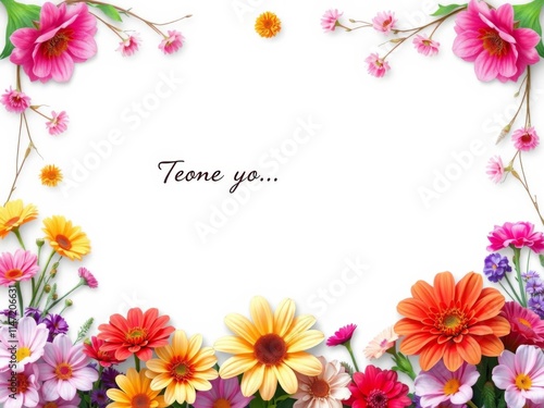 Fototapeta Naklejka Na Ścianę i Meble -  Romantic background with colorful flowers from garden creating a beautiful frame with an empty space in the middle for message text and card invitation, message, card, empty space