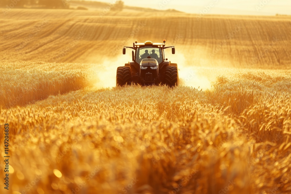 Fototapeta premium Tractor driving on wheat field during sunset golden hour