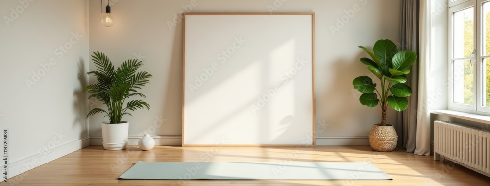 Fototapeta premium Minimalist Yoga Studio with Blank Frame and Green Plants. Perfect for showcasing wellness, meditation, and relaxation concepts in modern, minimalist interior designs focused on calm and balance.