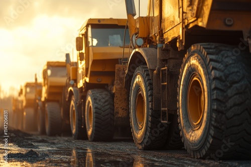A row of construction trucks lined up on a dirt road during sunset.