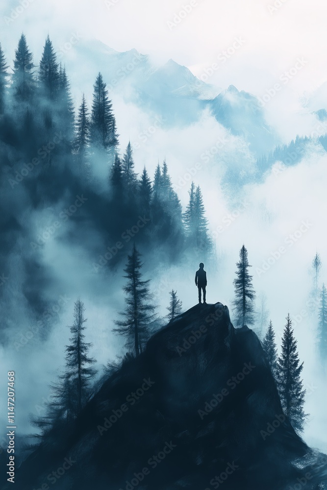 Fototapeta premium Hiker standing on a rock admiring a mountain landscape covered by fog
