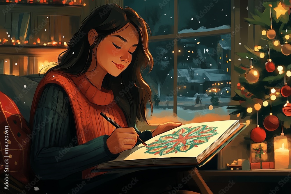 Fototapeta premium Young woman drawing a mandala on Christmas Eve near a decorated Christmas tree