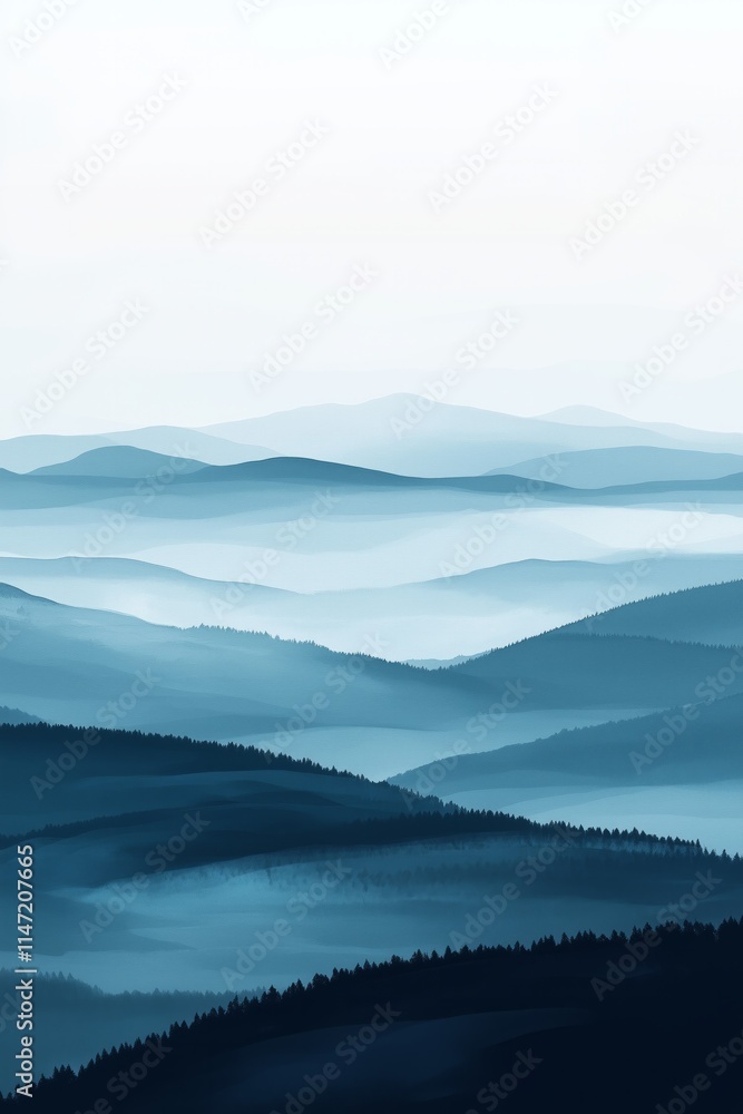 Blue rolling hills and low clouds creating a serene minimalistic landscape Blue rolling hills and low clouds creating a serene minimalistic landscape