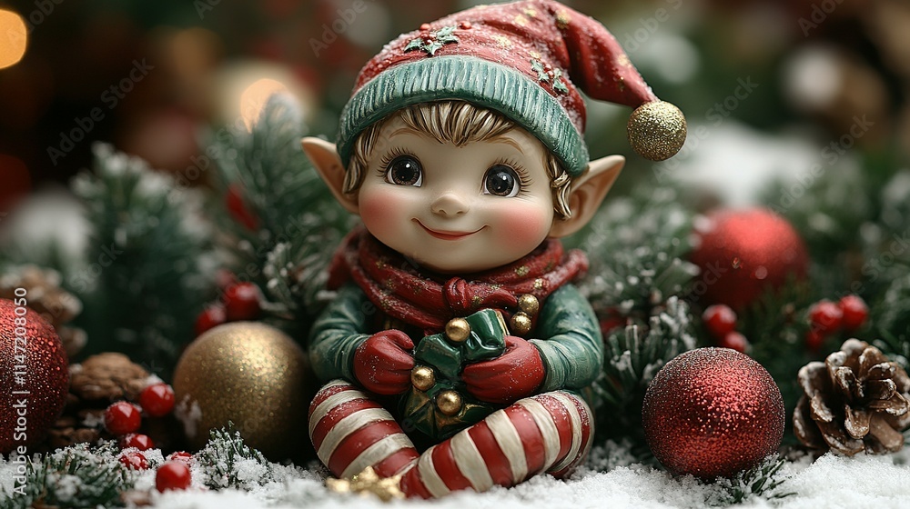 Festive Christmas Elf Figurine Amidst Holiday Decorations Festive Christmas Elf Figurine Amidst Holiday Decorations