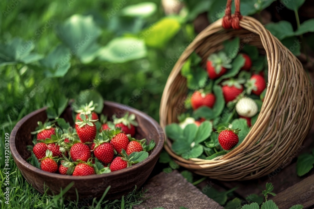 A rustic scene featuring fresh strawberries in a bowl and a basket, set in a lush garden. A rustic scene featuring fresh strawberries in a bowl and a basket, set in a lush garden.
