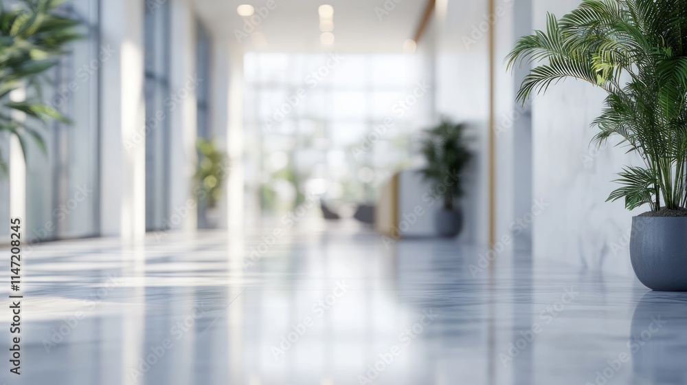 A modern office hallway with large windows, marble floors, and potted plants. A modern office hallway with large windows, marble floors, and potted plants.