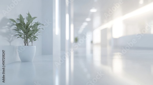 A potted plant in a white, modern hallway.