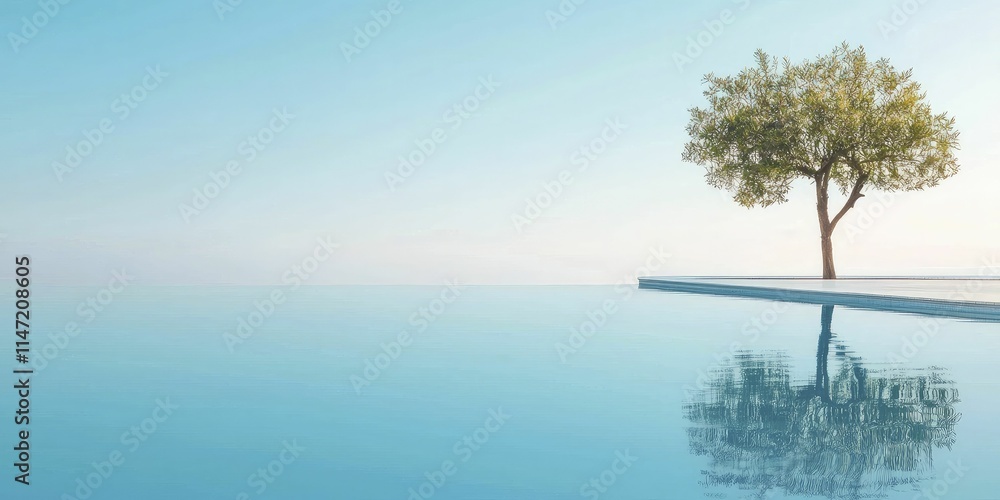 Solitary tree standing tall in the center of a tranquil pool, reflecting its vibrant green leaves on the shimmering water surface. Solitary tree standing tall in the center of a tranquil pool, reflecting its vibrant green leaves on the shimmering water surface.