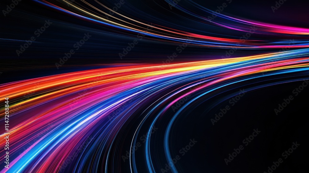 Abstract background of colorful light streaks on a black background.