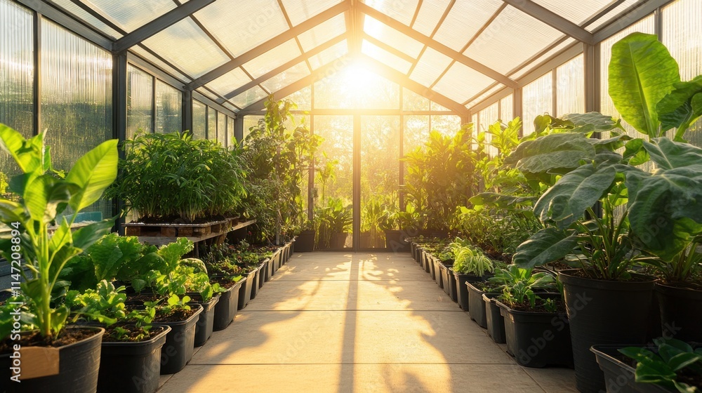 A greenhouse with plants in pots and the sun shining through the glass roof. A greenhouse with plants in pots and the sun shining through the glass roof.