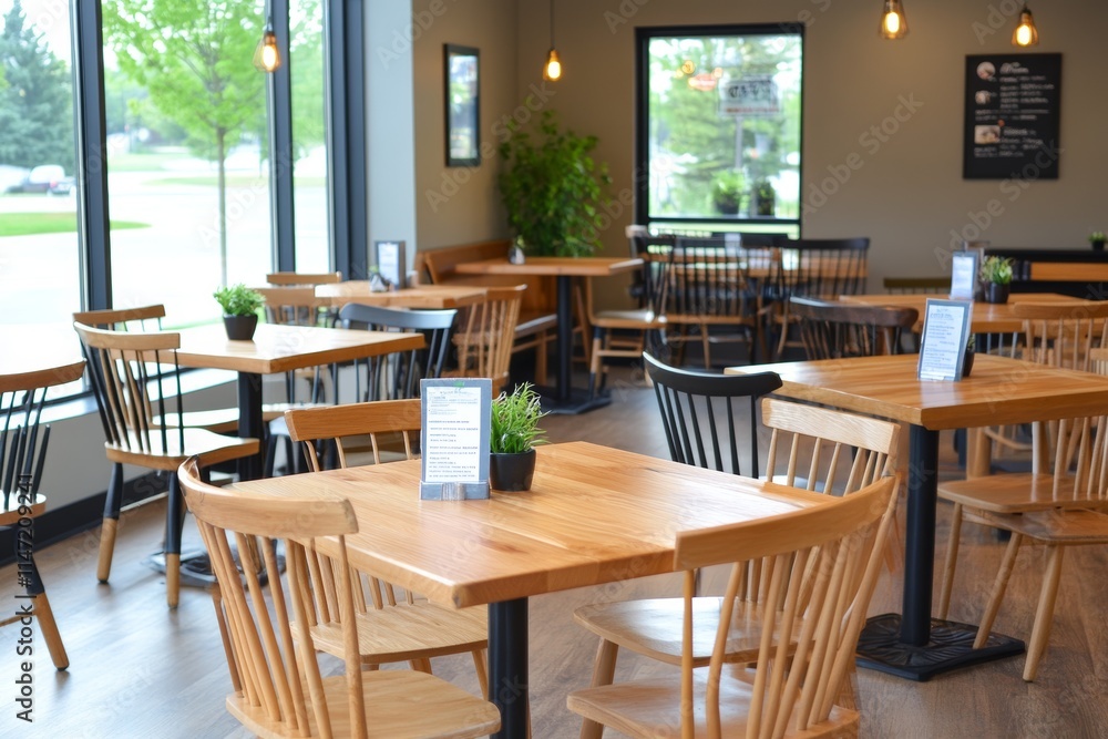 A modern caf? interior with wooden tables and chairs, plants, and large windows. A modern caf? interior with wooden tables and chairs, plants, and large windows.