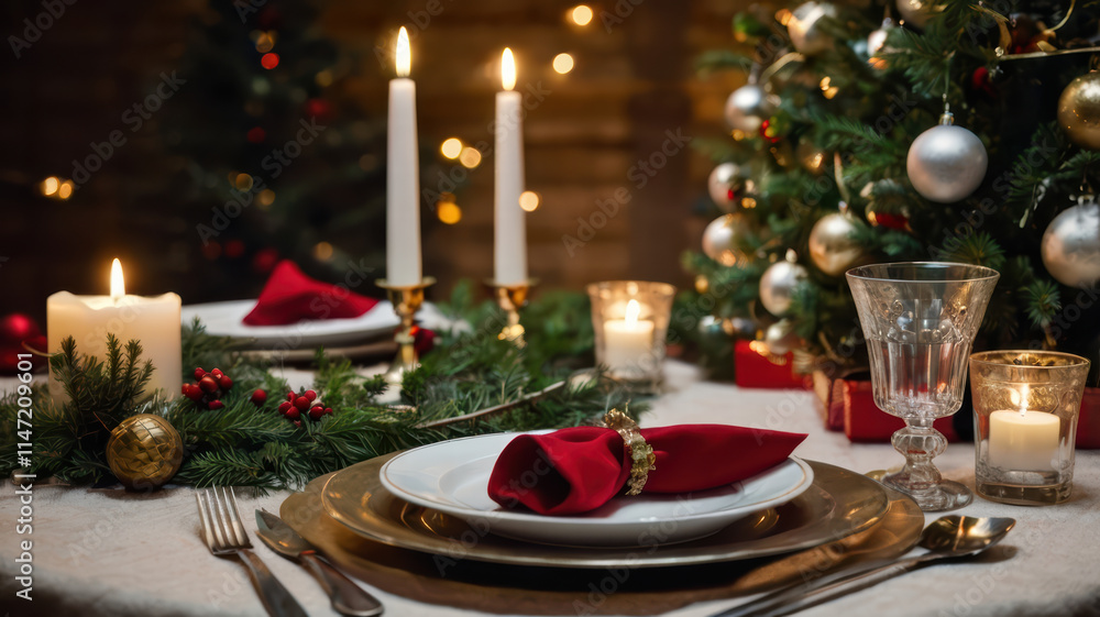 cozy Christmas table setting with candles, festive decorations, and beautifully arranged plate. warm ambiance invites joy and celebration during holiday season