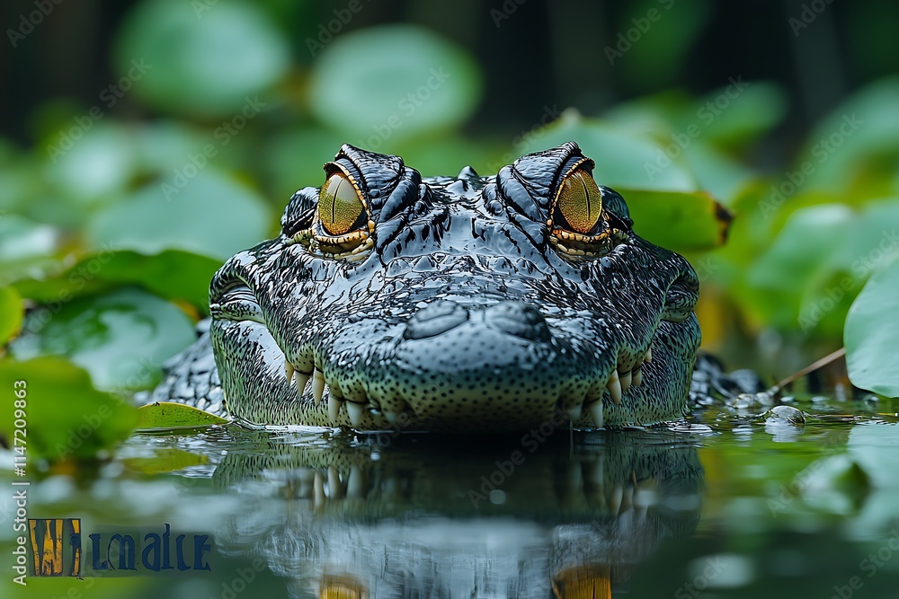 Fototapeta premium Close-up portrait of a menacing alligator, submerged in a lush green swamp, its intense gaze captivating.