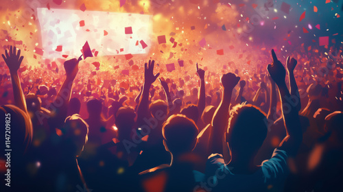 Fantasy Fairy Tale Style Illustration of a Lively Crowd Celebrating with Vibrant Lights