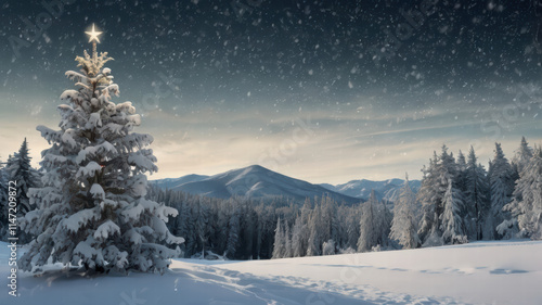 Wallpaper Mural serene winter landscape featuring snow covered tree adorned with star, surrounded by snowy forest and mountains in background. scene evokes peaceful holiday spirit Torontodigital.ca