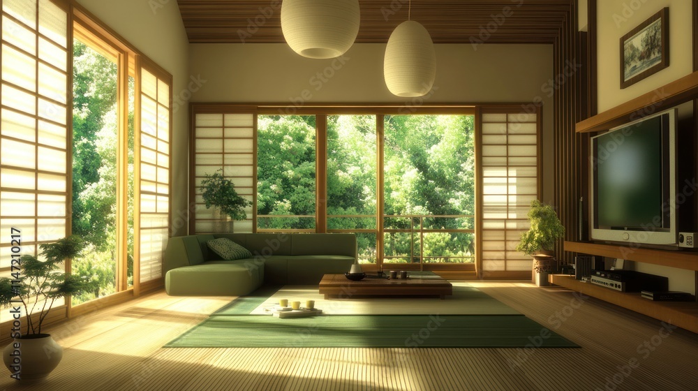 Fototapeta premium Sunlit modern Japanese-style living room with shoji screens, green sofa, and wooden floors.