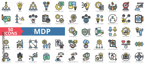 Management development program of mdp concept icon collection set. Containing leadership, strategic, team building, decision making, communication skill icon. Simple flat outline vector illustration