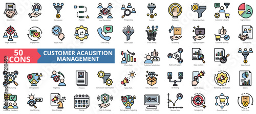 Customer acquisition management icon collection set. Containing retention, conversion, pipeline, lead generation, sales funnel icon. Simple flat outline vector illustration