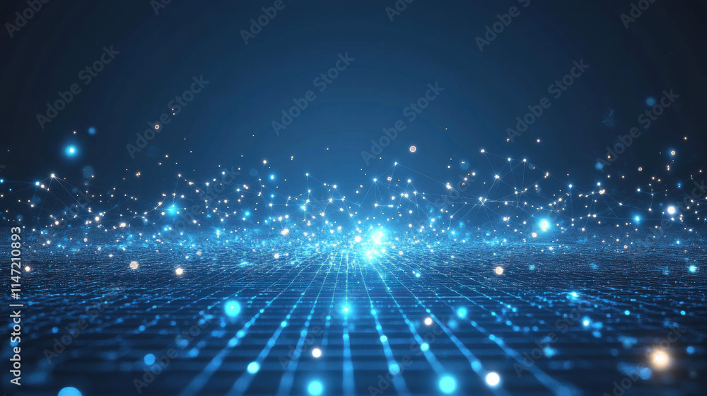Blue glowing digital grid background with stars and light particles, a futuristic technology concept Blue glowing digital grid background with stars and light particles, a futuristic technology concept