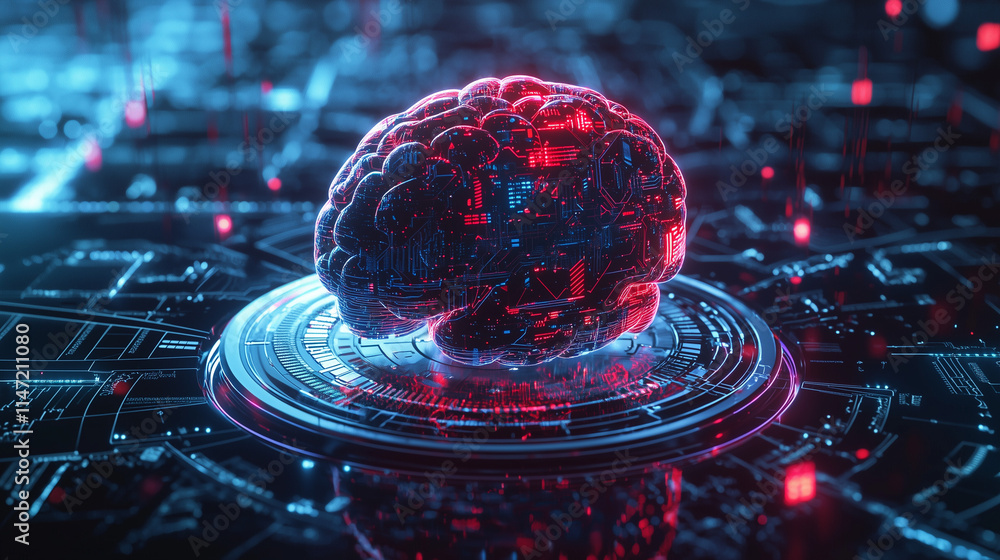 A translucent brain rests on a futuristic circuit board, glowing red and blue. It symbolizes AI, neural networks, and the merging of biology and technology. A translucent brain rests on a futuristic circuit board, glowing red and blue. It symbolizes AI, neural networks, and the merging of biology and technology.