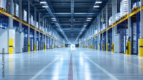 Vast Warehouse Interior, Rows of High Storage Racks Filled with Goods, Shining Polished Floor, Modern Industrial Design photo