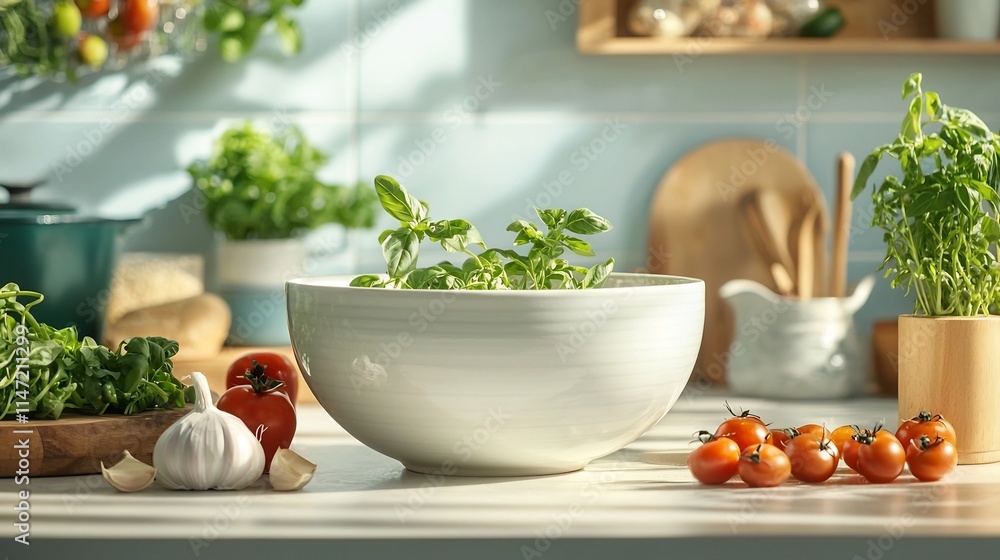 Glossy White Ceramic Bowl Mockup with Fresh Ingredients Like Herbs Vegetables and Spices Arranged on a Wooden Kitchen Counter Glossy White Ceramic Bowl Mockup with Fresh Ingredients Like Herbs Vegetables and Spices Arranged on a Wooden Kitchen Counter