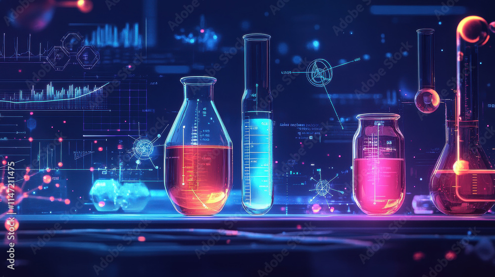 A digital background with an array of chemical symbols and data visualizations, representing the scientific aspect of AI in chemistry A digital background with an array of chemical symbols and data visualizations, representing the scientific aspect of AI in chemistry